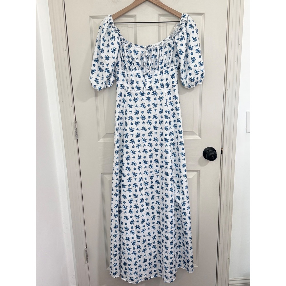 Womens Maxi Dress‎ Blue White Floral Puff Sleeve Side Slit Milkmaid Size S
